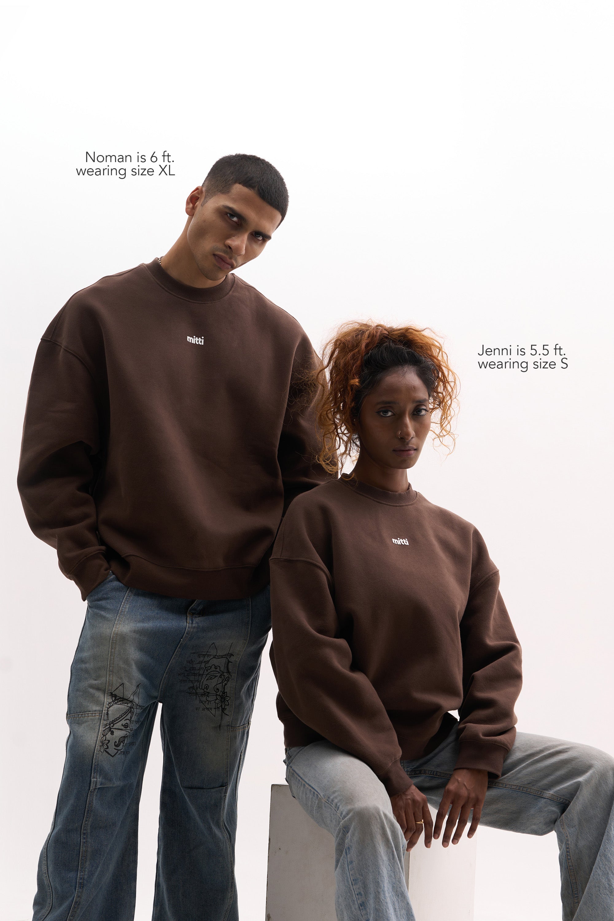 Mitti Espresso Sweatshirt styled on model, full length street look