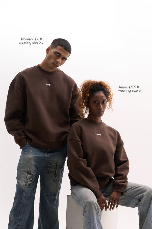 Mitti Espresso Sweatshirt styled on model, full length street look