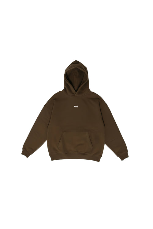 Mitti Brown Essential Hoodie front view, clean minimal design with Mitti chest logo