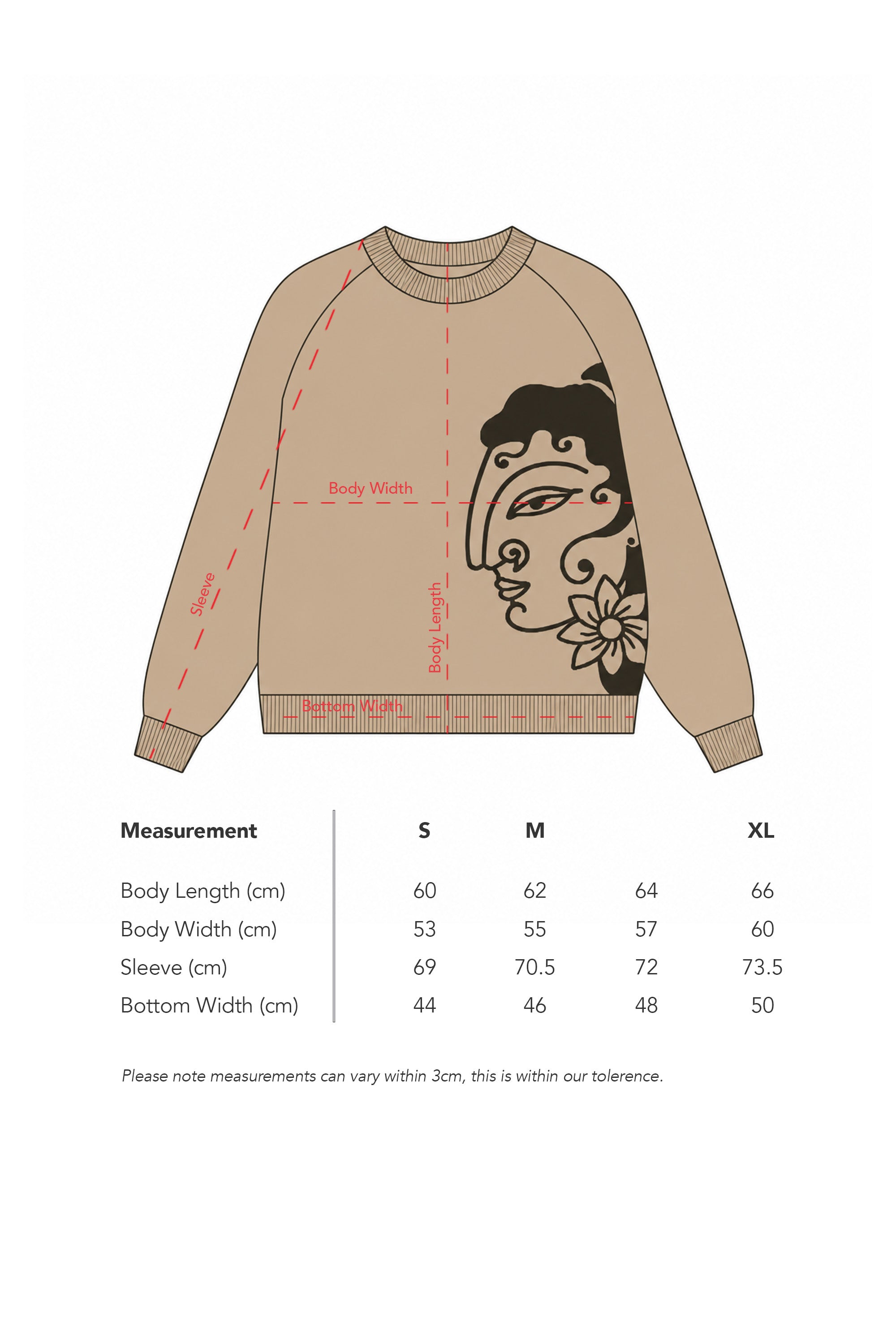 Mitti Knitted Sweater 001 Apsara size guide showing measurements