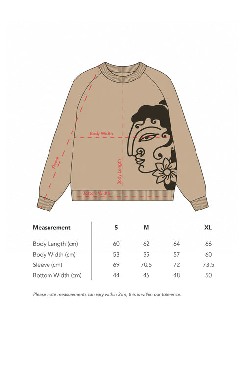 Mitti Knitted Sweater 001 Apsara size guide showing measurements